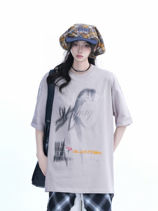 Shadow Girl Graphic Black Short Sleeve T-Shirt for Women - Summer Loose Fit American Design