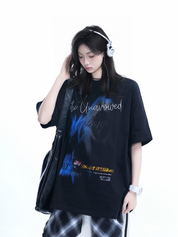 Shadow Girl Graphic Black Short Sleeve T-Shirt for Women - Summer Loose Fit American Design