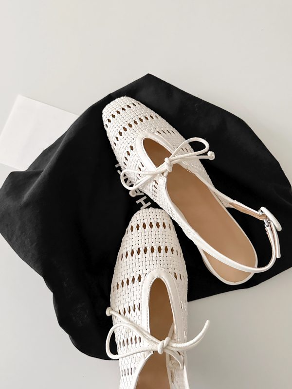 Sheepskin French Woven Hollow-Out Open-Toe Sandals with One-Strap Buckle and Bow, Chunky Heel Vacation Roman Shoes for Women