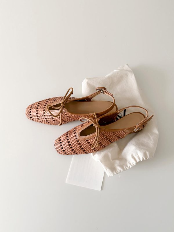 Sheepskin French Woven Hollow-Out Open-Toe Sandals with One-Strap Buckle and Bow, Chunky Heel Vacation Roman Shoes for Women