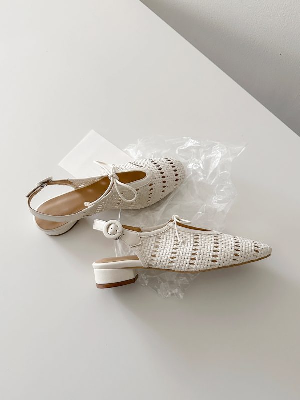 Sheepskin French Woven Hollow-Out Open-Toe Sandals with One-Strap Buckle and Bow, Chunky Heel Vacation Roman Shoes for Women
