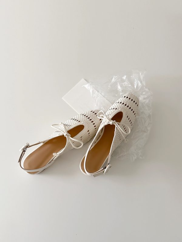 Sheepskin French Woven Hollow-Out Open-Toe Sandals with One-Strap Buckle and Bow, Chunky Heel Vacation Roman Shoes for Women