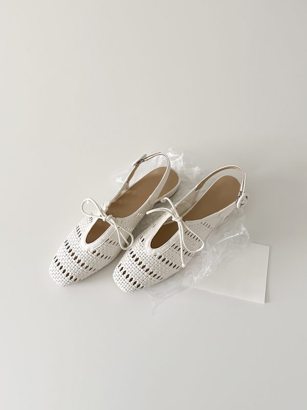 Sheepskin French Woven Hollow-Out Open-Toe Sandals with One-Strap Buckle and Bow, Chunky Heel Vacation Roman Shoes for Women