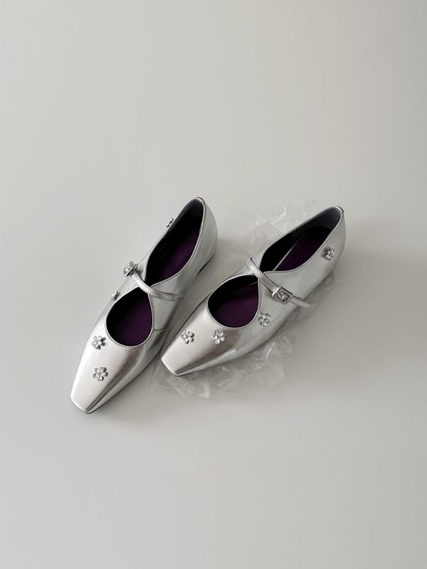 Sheepskin Mary Jane Shoes for Women with Silver Strap, Rhinestone Flower Detail, Height-Increasing, Square-Toe Design