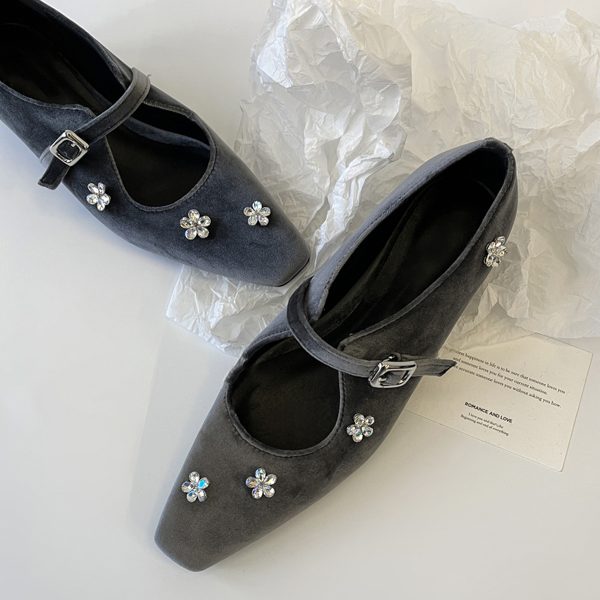 Sheepskin Mary Jane Shoes for Women with Silver Strap, Rhinestone Flower Detail, Height-Increasing, Square-Toe Design