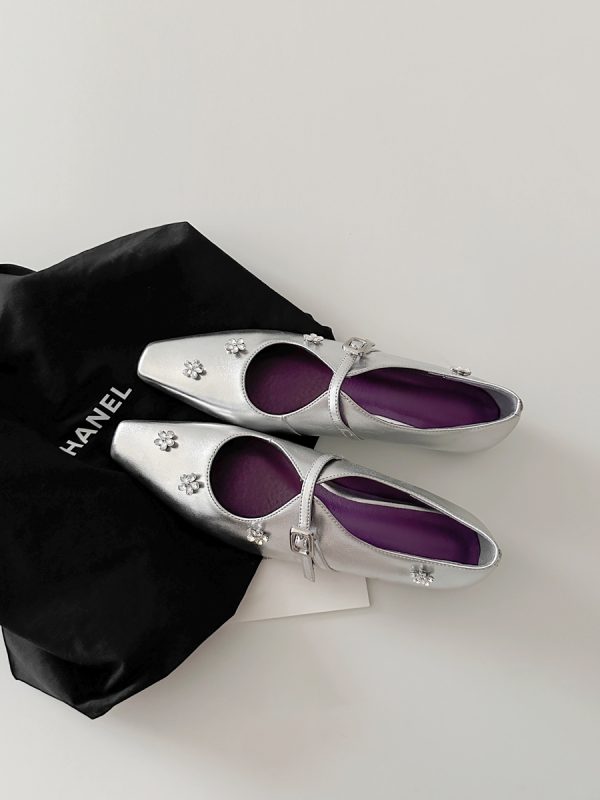 Sheepskin Mary Jane Shoes for Women with Silver Strap, Rhinestone Flower Detail, Height-Increasing, Square-Toe Design