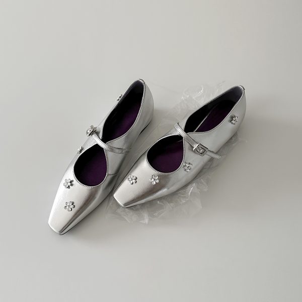 Sheepskin Mary Jane Shoes for Women with Silver Strap, Rhinestone Flower Detail, Height-Increasing, Square-Toe Design