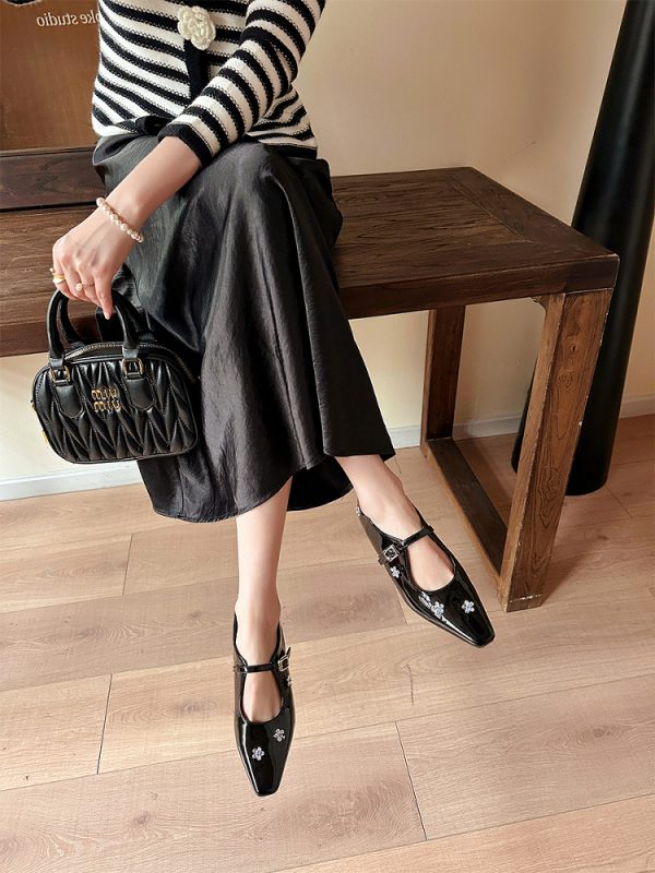 Sheepskin Mary Jane Shoes for Women with Silver Strap, Rhinestone Flower Detail, Height-Increasing, Square-Toe Design
