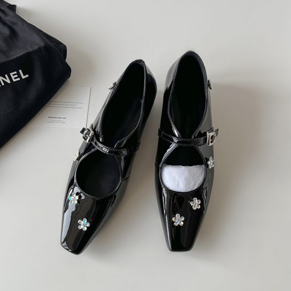 Sheepskin Mary Jane Shoes for Women with Silver Strap, Rhinestone Flower Detail, Height-Increasing, Square-Toe Design