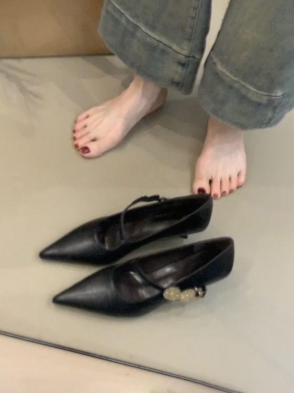 Sheepskin Pointed Toe High-Heeled Shoes with Metal Buckle - French Style Low-Heeled Commuter Shoes for Women