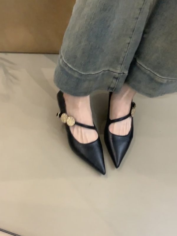 Sheepskin Pointed Toe High-Heeled Shoes with Metal Buckle - French Style Low-Heeled Commuter Shoes for Women