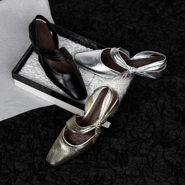 Sheepskin Silver Square-Toe Backless Sandals for Women - Chunky Heel, Two-Way Summer Slippers, Trendy Footwear