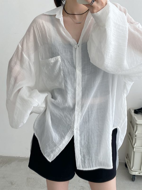 Sheer Lantern Sleeve Sun Protection Shirt for Women - Casual Loose Fit Hazy Feel Outerwear for Evening Breeze
