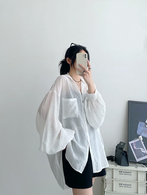 Sheer Lantern Sleeve Sun Protection Shirt for Women - Casual Loose Fit Hazy Feel Outerwear for Evening Breeze