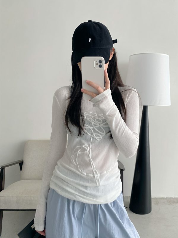 Sheer Long-Sleeve T-Shirt for Women, 3D Foam Printed Sun Grapefruit Design, Summer Versatile Slim-Fit Sun Protection Top