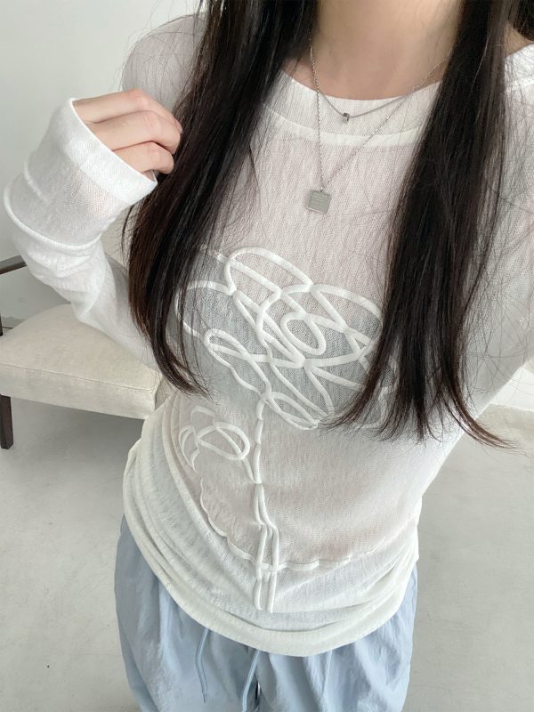 Sheer Long-Sleeve T-Shirt for Women, 3D Foam Printed Sun Grapefruit Design, Summer Versatile Slim-Fit Sun Protection Top