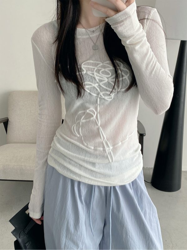 Sheer Long-Sleeve T-Shirt for Women, 3D Foam Printed Sun Grapefruit Design, Summer Versatile Slim-Fit Sun Protection Top