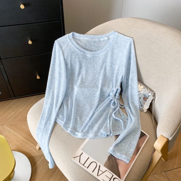 Sheer Round Neck Long Sleeve Knitted Top for Women - Irregular Pleated Sun Protection Air Conditioning Cover-Up Blouse