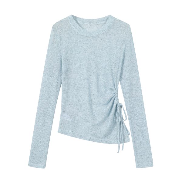 Sheer Round Neck Long Sleeve Knitted Top for Women - Irregular Pleated Sun Protection Air Conditioning Cover-Up Blouse