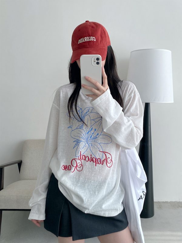 Sheer Sun Grapefruit T-Shirt Cover-Up - Spring Summer Loose Long Sleeve Lily Print Sun Protection Top for Women in Korean Style