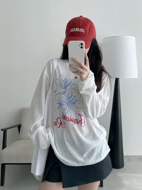 Sheer Sun Grapefruit T-Shirt Cover-Up - Spring Summer Loose Long Sleeve Lily Print Sun Protection Top for Women in Korean Style