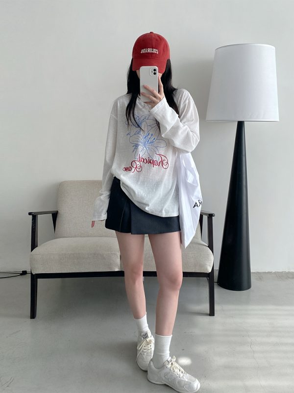 Sheer Sun Grapefruit T-Shirt Cover-Up - Spring Summer Loose Long Sleeve Lily Print Sun Protection Top for Women in Korean Style