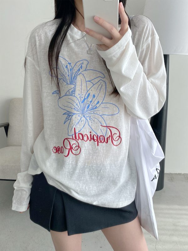 Sheer Sun Grapefruit T-Shirt Cover-Up - Spring Summer Loose Long Sleeve Lily Print Sun Protection Top for Women in Korean Style
