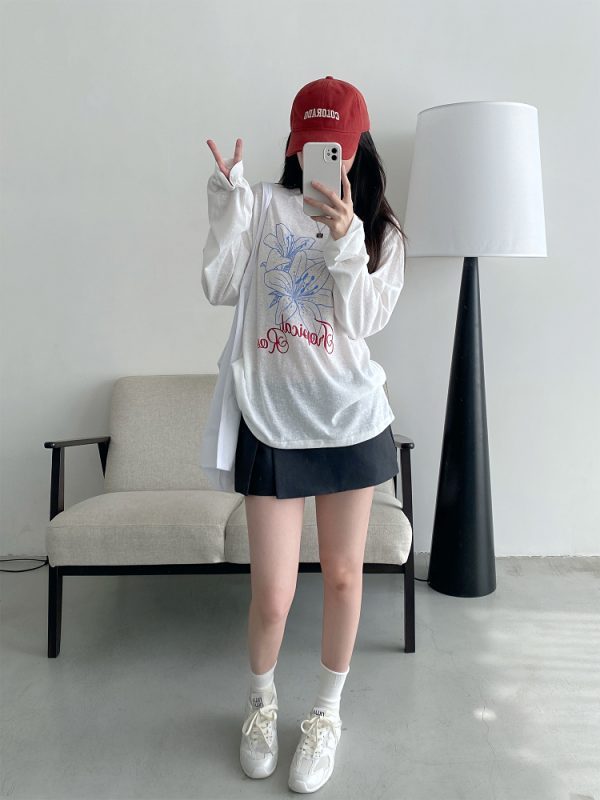 Sheer Sun Grapefruit T-Shirt Cover-Up - Spring Summer Loose Long Sleeve Lily Print Sun Protection Top for Women in Korean Style