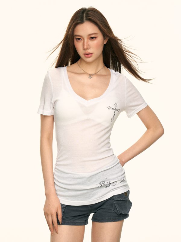 Sheer V-Neck Short-Sleeve T-Shirt for Women - American Style, Spicy Girl Design, Slim-Fit, Summer Trend with Side Cross Detail