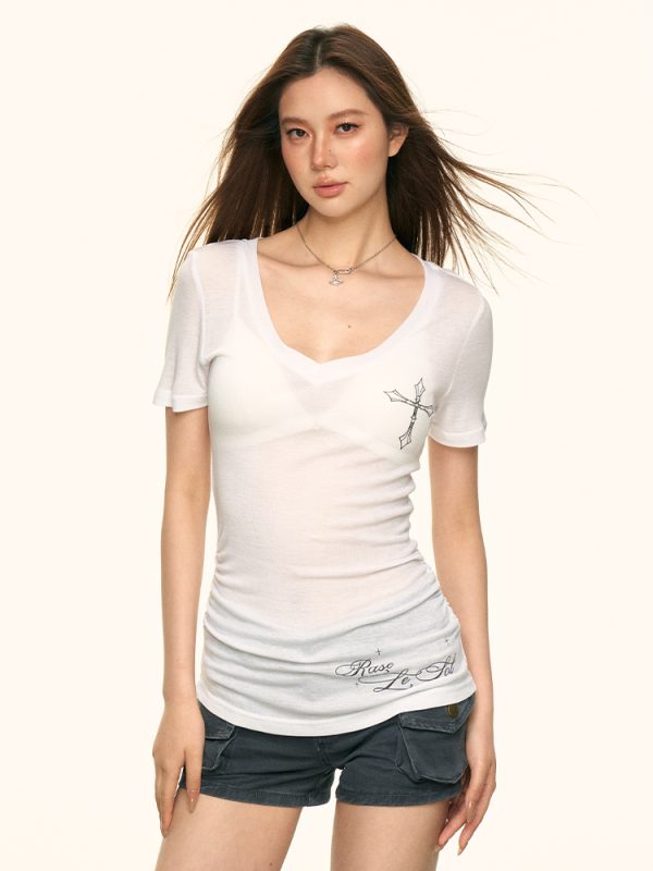 Sheer V-Neck Short-Sleeve T-Shirt for Women - American Style, Spicy Girl Design, Slim-Fit, Summer Trend with Side Cross Detail