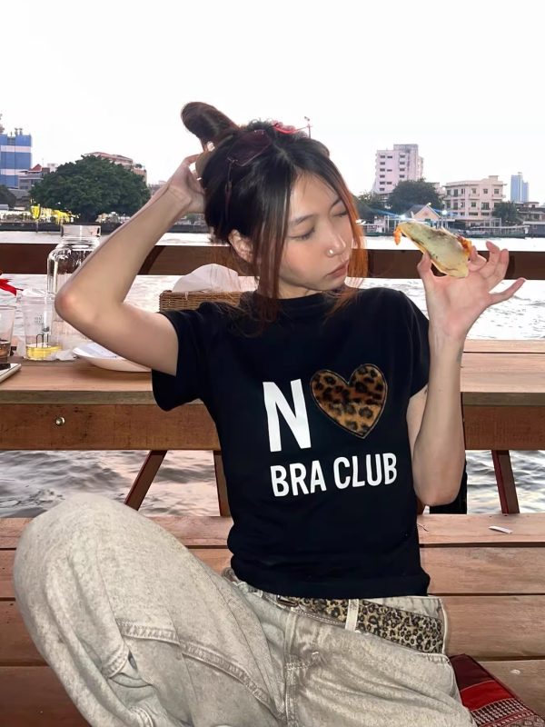 Short Sleeve Leopard Print Heart T-Shirt for Women - Slim Fit, High Stretch, Pure Cotton, Korean Style, 25SS Fashion