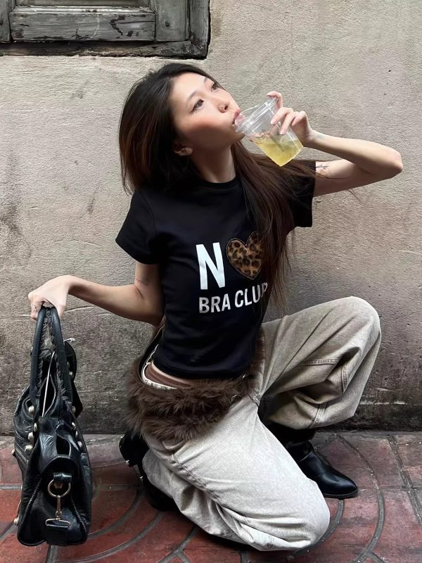 Short Sleeve Leopard Print Heart T-Shirt for Women - Slim Fit, High Stretch, Pure Cotton, Korean Style, 25SS Fashion