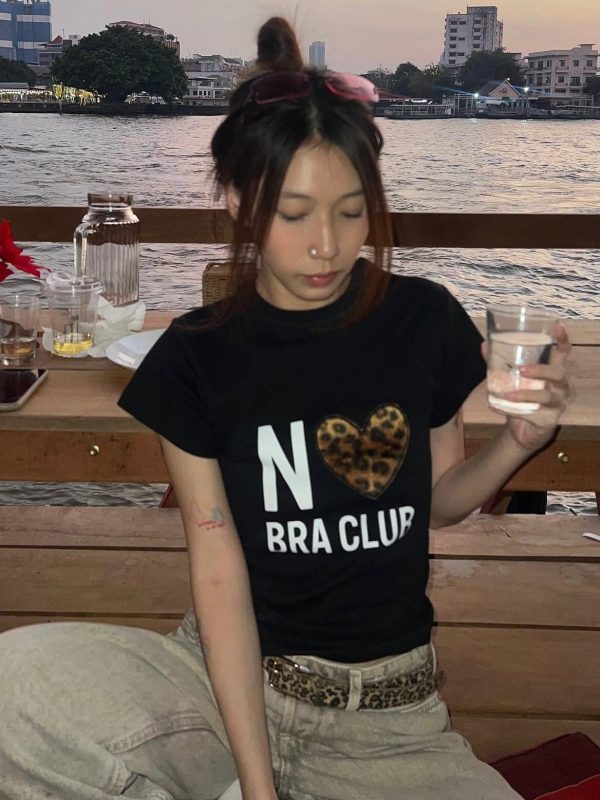 Short Sleeve Leopard Print Heart T-Shirt for Women - Slim Fit, High Stretch, Pure Cotton, Korean Style, 25SS Fashion