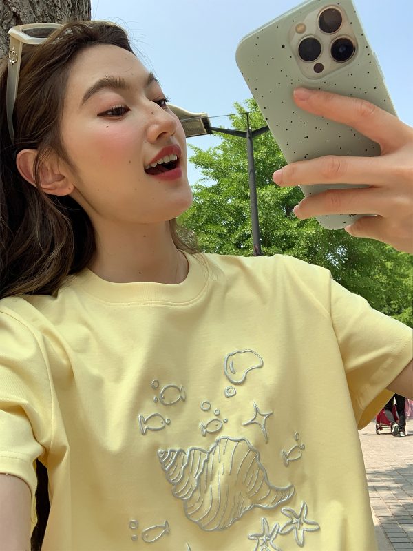 Silver 3D Conch Print Short Sleeve T-Shirt for Women - Loose Fit Pure Cotton Summer Top - Trendy 2025 Fashion Essential