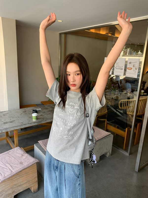 Silver Glitter Foam Letter Printed Short Sleeve T-shirt for Women - Loose Pure Cotton Round Neck Top for Spring Summer Fashion