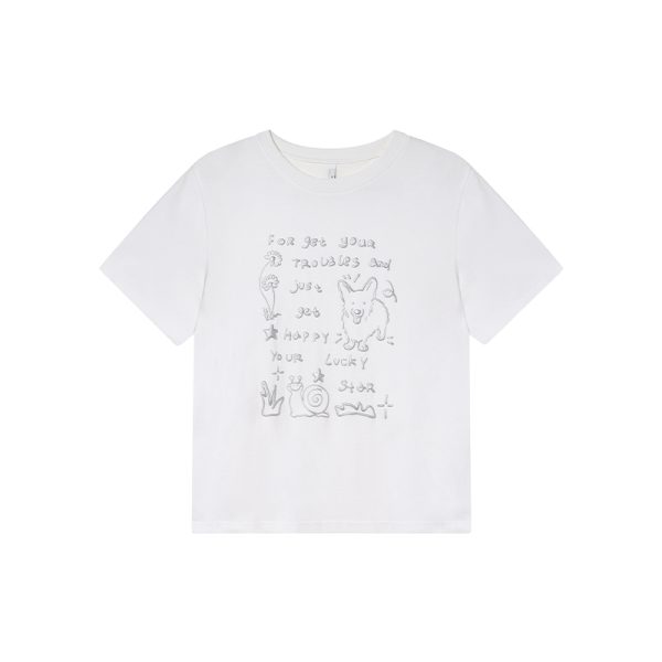 Silver Glitter Foam Letter Printed Short Sleeve T-shirt for Women - Loose Pure Cotton Round Neck Top for Spring Summer Fashion
