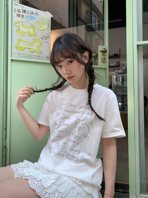 Silver Glitter Foam Letter Printed Short Sleeve T-shirt for Women - Loose Pure Cotton Round Neck Top for Spring Summer Fashion