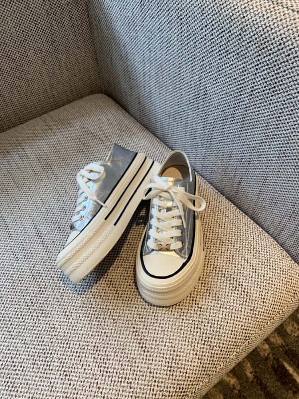 Silver Lace-Up Sneakers for Women - 2025 New Style Genuine Leather Thick-Soled Height-Increasing Casual Sports Shoes
