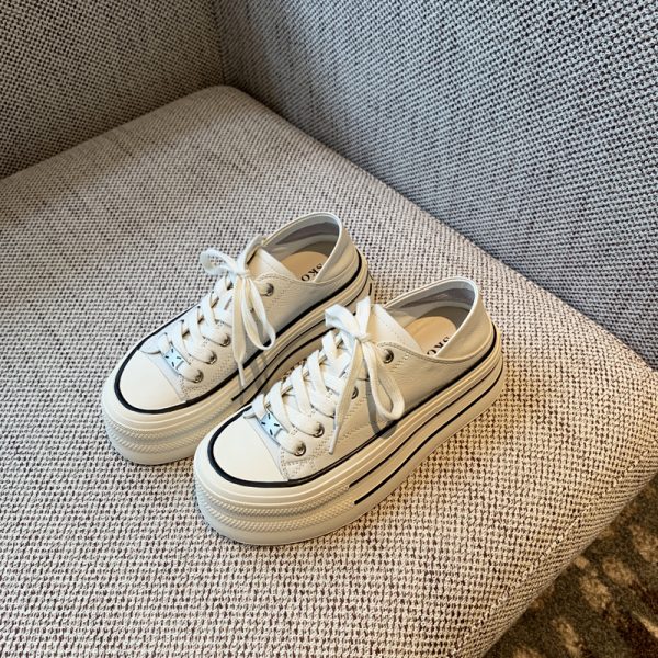 Silver Lace-Up Sneakers for Women - 2025 New Style Genuine Leather Thick-Soled Height-Increasing Casual Sports Shoes