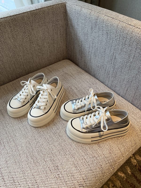Silver Lace-Up Sneakers for Women - 2025 New Style Genuine Leather Thick-Soled Height-Increasing Casual Sports Shoes