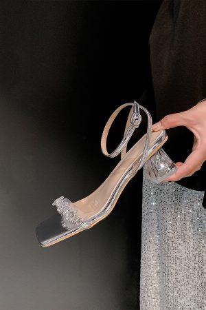 Silver Rhinestone Sheepskin Sandals for Women - Summer One-Strap Chunky Heel Transparent Crystal High Heels