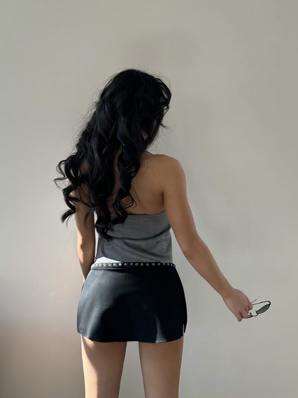 Silver Ring Eyelet Gray Vest with Black Skirt Pants â€“ Stylish Girl Outfit, Y2K Fashion, Trendy Layered Look