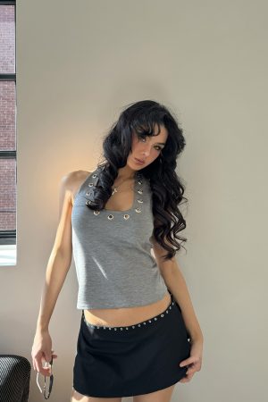 Silver Ring Eyelet Gray Vest with Black Skirt Pants â€“ Stylish Girl Outfit, Y2K Fashion, Trendy Layered Look