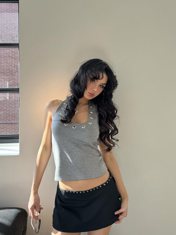 Silver Ring Eyelet Gray Vest with Black Skirt Pants â€“ Stylish Girl Outfit, Y2K Fashion, Trendy Layered Look