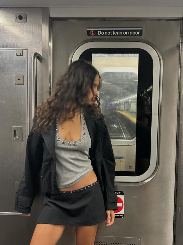 Silver Ring Eyelet Gray Vest with Black Skirt Pants â€“ Stylish Girl Outfit, Y2K Fashion, Trendy Layered Look