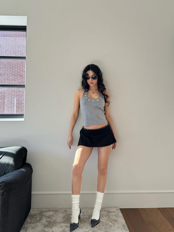 Silver Ring Eyelet Gray Vest with Black Skirt Pants â€“ Stylish Girl Outfit, Y2K Fashion, Trendy Layered Look