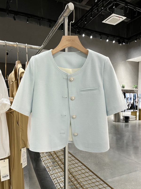 Sky Blue Korean-Style Short Sleeve Blazer for Women - Summer Lightweight Fashion Top, 2025 Trendy Socialite Wear