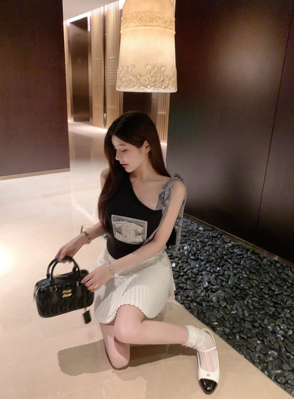 Slanted Shoulder Bow Tie Tank Top with Ice Silk Knitted Sweater - Trendy Women's Outfit for 90s and Y2K Styles