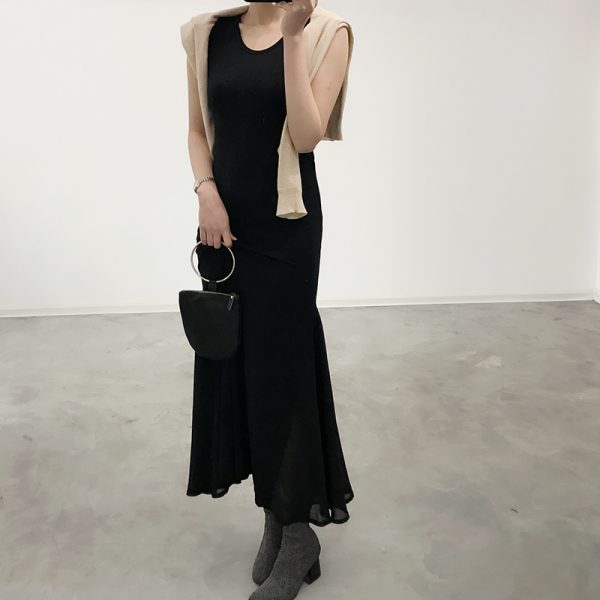 Sleeveless A-line Mermaid Dress with Chiffon Splicing, Slim Fit Summer Dress for Women, Flattering Modal Base Layer