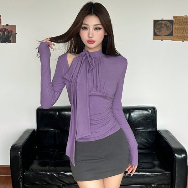 Sleeveless Solid Color Asymmetrical Blouse with Butterfly Knot and Long Ribbons - Elegant Off-Shoulder Pleated Top for Women